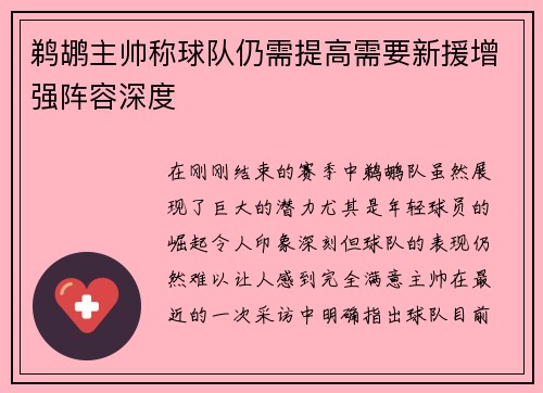鹈鹕主帅称球队仍需提高需要新援增强阵容深度