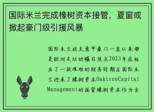 国际米兰完成橡树资本接管，夏窗或掀起豪门级引援风暴