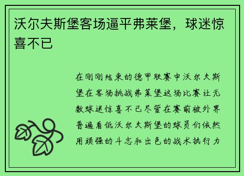 沃尔夫斯堡客场逼平弗莱堡，球迷惊喜不已