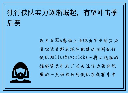 独行侠队实力逐渐崛起，有望冲击季后赛
