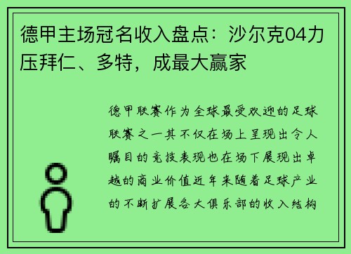 德甲主场冠名收入盘点：沙尔克04力压拜仁、多特，成最大赢家