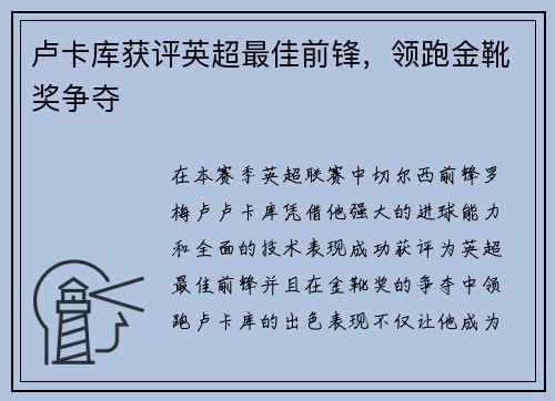 卢卡库获评英超最佳前锋，领跑金靴奖争夺