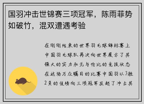 国羽冲击世锦赛三项冠军，陈雨菲势如破竹，混双遭遇考验