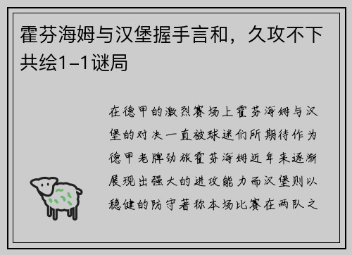霍芬海姆与汉堡握手言和，久攻不下共绘1-1谜局