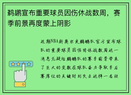 鹈鹕宣布重要球员因伤休战数周，赛季前景再度蒙上阴影