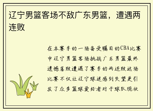 辽宁男篮客场不敌广东男篮，遭遇两连败