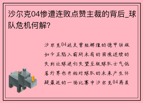 沙尔克04惨遭连败点赞主裁的背后_球队危机何解？
