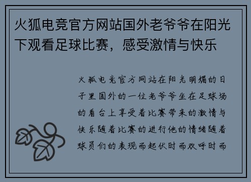 火狐电竞官方网站国外老爷爷在阳光下观看足球比赛，感受激情与快乐